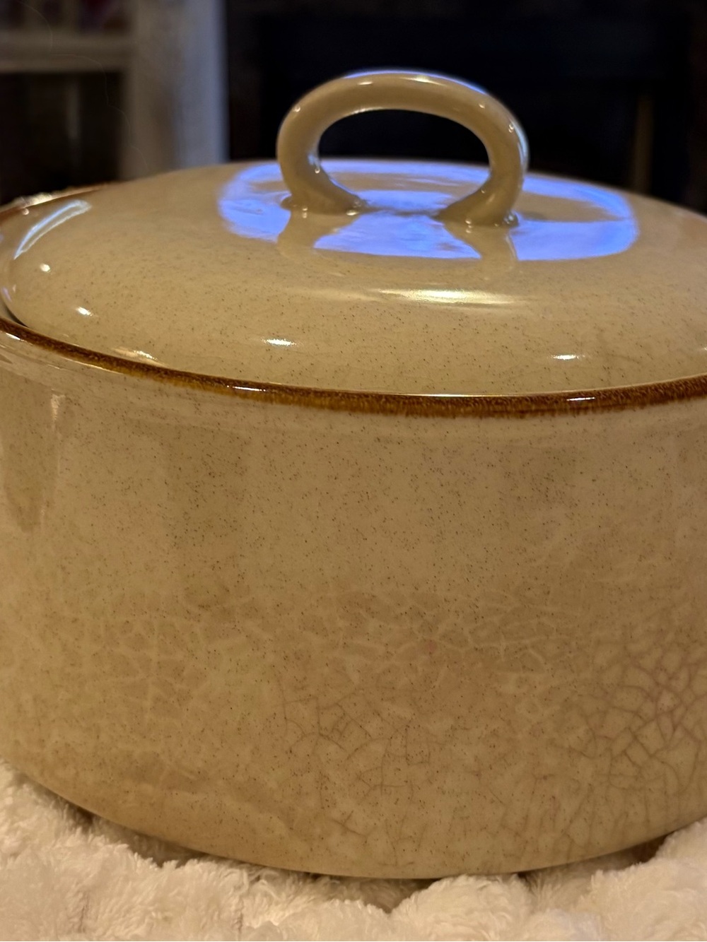 Vintage speckled beige and brown stoneware lidded casserole dish or soup crock.